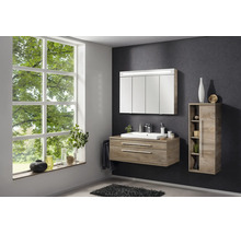 Ensemble de salle de bain moderne aspect bois avec meuble sous-lavabo, vasque blanche, armoire de toilette avec éclairage et colonne.