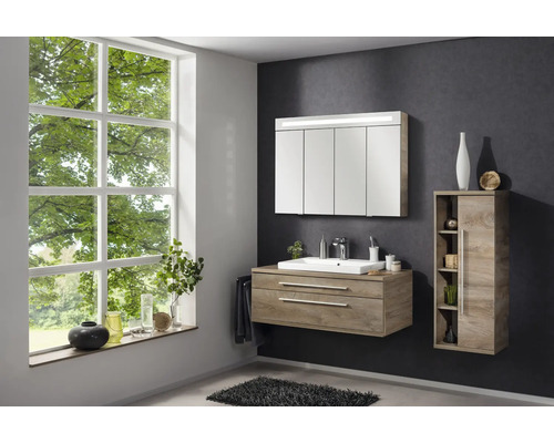 Ensemble de salle de bain moderne aspect bois avec meuble sous-lavabo, vasque blanche, armoire de toilette avec éclairage et colonne.