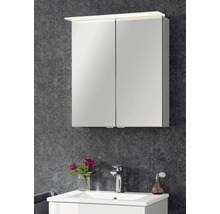 Armoire de toilette à deux portes avec éclairage LED au-dessus d'un lavabo blanc devant un mur à motifs.