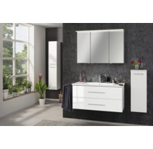 Ensemble meuble salle de bains moderne avec meuble sous vasque, armoire de toilette trois portes et deux colonnes latérales.
