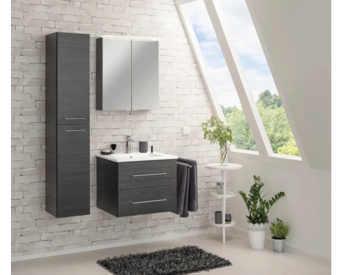 Modernes Badezimmermöbel Set in Anthrazit-Optik mit Waschbecken, Spiegelschrank und Hochschrank vor einer hellen Steinwand.