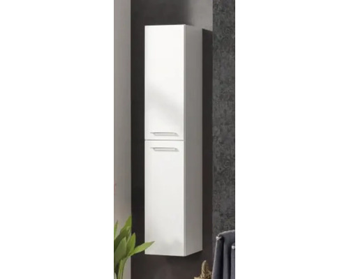 Colonne de salle de bain murale blanc brillant avec deux portes et poignées argentées.