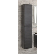Wandhängender Hochschrank für das Badezimmer mit zwei Türen und silbernen Griffen in dunkler Holzoptik.