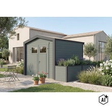 Abri de jardin avec jardinière intégrée dans le jardin à côté d'une maison avec une double porte avec fenêtres en bois de style moderne. (Image AI modified or generated)