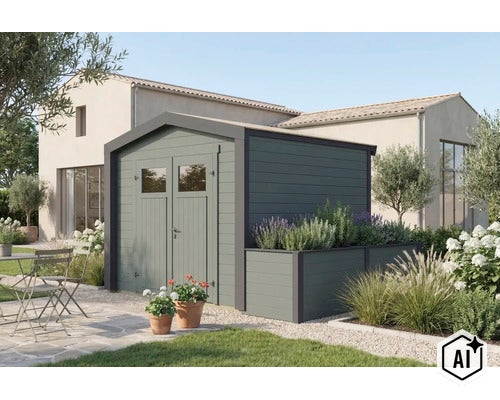 Abri de jardin avec jardinière intégrée dans le jardin à côté d'une maison avec une double porte avec fenêtres en bois de style moderne. (Image AI modified or generated)