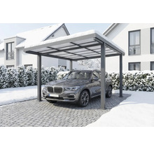 Moderner Carport aus Aluminium mit einem SUV darunter in einer verschneiten Winterlandschaft.