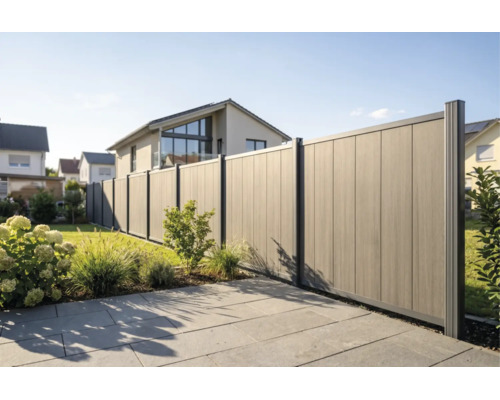 Clôture de jardin moderne occultante en composite bois-plastique avec panneaux verticaux et cadre métallique sombre.