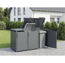 Cache-poubelle triple en métal pour l'extérieur avec couvercles et porte ouverts révélant un conteneur à déchets à l'intérieur.