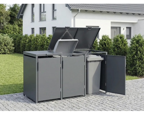 Cache-poubelle triple en métal pour l'extérieur avec couvercles et porte ouverts révélant un conteneur à déchets à l'intérieur.