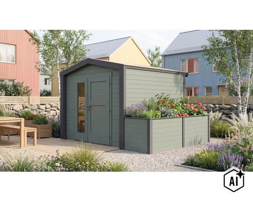 Abri de jardin avec jardinière intégrée et porte double avec insert en verre dans un jardin moderne avec terrasse et plantes (Image AI modified or generated)