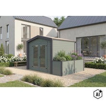 Abri de jardin avec jardinière intégrée au design moderne, situé dans un jardin bien entretenu devant une maison. (Image AI modified or generated)