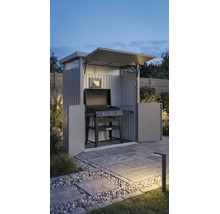 Armoire de barbecue en métal avec toit ouvrant et portes, contenant un barbecue à gaz Tenneker sur une terrasse pavée dans un jardin au crépuscule.