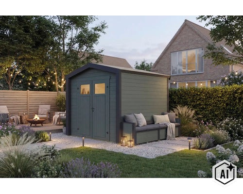 Abri de jardin en bois moderne avec banc intégré dans un jardin entretenu avec éclairage et coin salon (Image AI modified or generated)