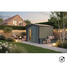Abri de jardin moderne en bois avec banc intégré dans un jardin aménagé avec goût, foyer extérieur et éclairage. (Image AI modified or generated)