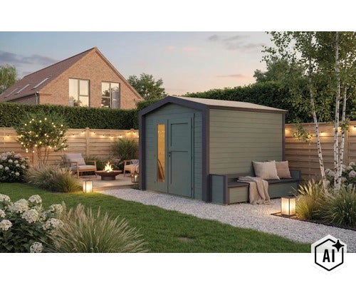 Abri de jardin moderne en bois avec banc intégré dans un jardin aménagé avec goût, foyer extérieur et éclairage. (Image AI modified or generated)