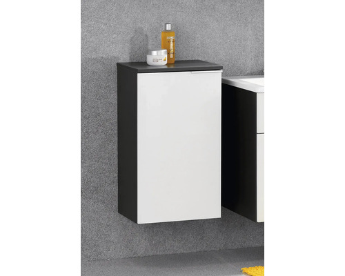 Armoire latérale de salle de bain murale avec façade blanche et corps anthracite.