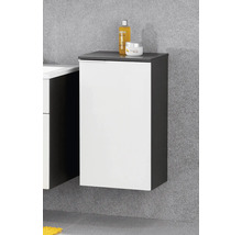 Meuble latéral de salle de bains suspendu avec porte blanche et corps anthracite portant des articles de toilette.