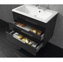 Meuble sous-vasque moderne anthracite avec deux tiroirs ouverts et lavabo en céramique blanche.