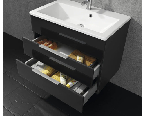 Meuble sous-vasque moderne anthracite avec deux tiroirs ouverts et lavabo en céramique blanche.