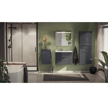 Salle de bain moderne avec meubles gris foncé, douche à l'italienne avec cadre noir, baignoire blanche et murs verts.