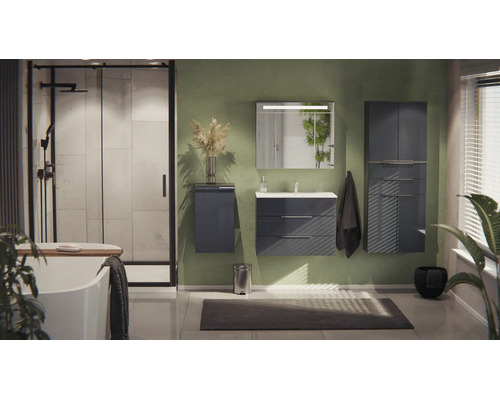 Salle de bain moderne avec meubles gris foncé, douche à l'italienne avec cadre noir, baignoire blanche et murs verts.