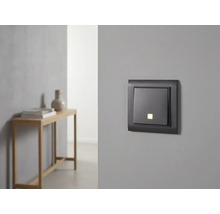 Interrupteur moderne avec voyant lumineux sur un mur gris dans une pièce au design minimaliste.