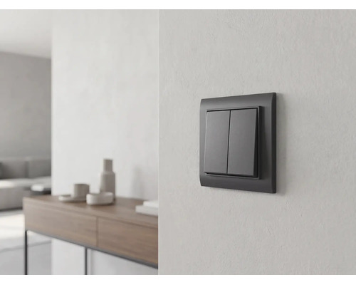 Anthrazitfarbener Serienschalter an einer hellen Wand in einem hellen, modern eingerichteten Wohnraum mit Sideboard im Hintergrund.