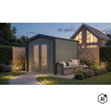 Abri de jardin moderne en bois avec doubles portes et banc intégré dans le jardin au crépuscule. (Image AI modified or generated)