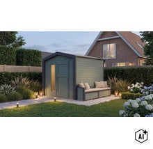 Abri de jardin avec banc intégré au design moderne dans un jardin bien entretenu devant une maison. (Image AI modified or generated)