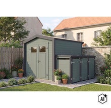 Abri de jardin en bois avec armoire latérale intégrée pour outils de jardinage dans un jardin soigné avec pelouse et pots de fleurs. (Image AI modified or generated)