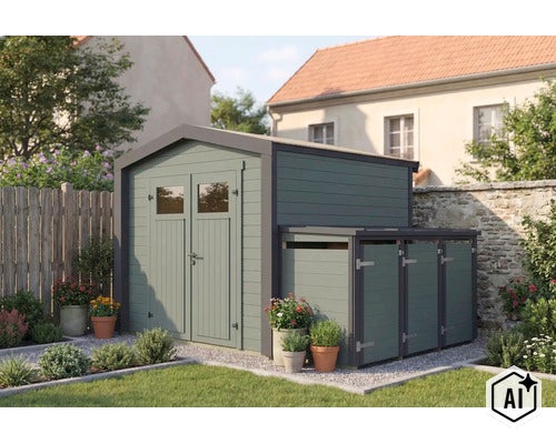 Abri de jardin en bois avec armoire latérale intégrée pour outils de jardinage dans un jardin soigné avec pelouse et pots de fleurs. (Image AI modified or generated)