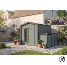 Abri de jardin avec appentis intégré pour ranger les poubelles ou les outils de jardin dans un jardin avec terrasse. (Image AI modified or generated)