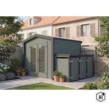 Abri de jardin en bois avec abri poubelle intégré et double porte, situé dans un jardin devant une maison. (Image AI modified or generated)