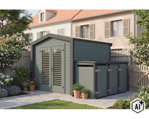Abri de jardin en bois avec abri poubelle intégré et double porte, situé dans un jardin devant une maison. (Image AI modified or generated)