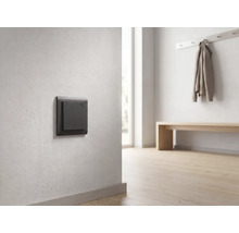 Interrupteur moderne gris foncé sur un mur clair dans un couloir lumineux et minimaliste avec un sol en bois.