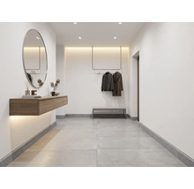 Entrée minimaliste avec carreaux de sol gris, miroir mural ovale, console en bois suspendue et tringle à vêtements fixée au plafond.