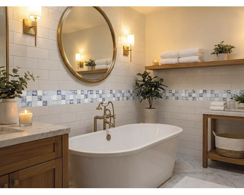 Modernes, helles Badezimmer mit freistehender Badewanne, rundem Spiegel, Holzmöbeln, Metrofliesen und dekorativer Mosaikbordüre.