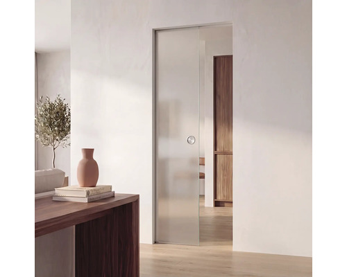 Moderne Glasschiebetür in einem hellen Wohnraum, minimalistisches Design aus satiniertem Glas mit rundem Griff, Holzboden und weiße Wände.