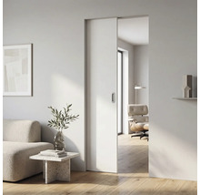 Weiße Schiebetür in minimalistischem Wohnzimmer mit Holzfußboden, modernem Sofa und Beistelltisch in hellem, offenem Design.