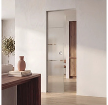 Moderne Schiebetür aus satiniertem Glas mit horizontalen Streifen und runder Griffmuschel in einem hellen Raum.