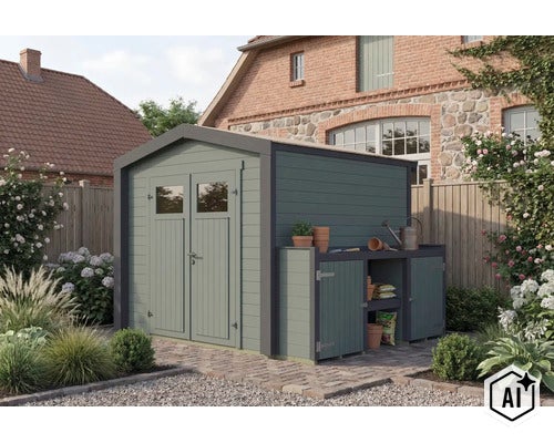 Abri de jardin en bois avec annexe intégrée et table de rempotage dans un jardin devant une maison en brique. (Image AI modified or generated)
