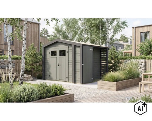 Abri de jardin moderne en bois avec double porte et extension latérale dans un jardin bien entretenu. (Image AI modified or generated)