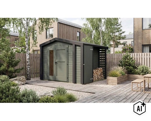 Abri de jardin moderne en bois avec abri à bois intégré dans un jardin, installé sur une terrasse à côté d une clôture en bois. (Image AI modified or generated)