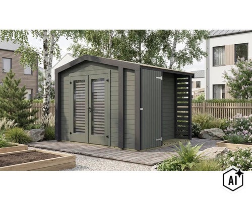 Abri de jardin moderne en bois avec double porte, fenêtres et annexe intégrée sur une terrasse en bois dans un jardin. (Image AI modified or generated)