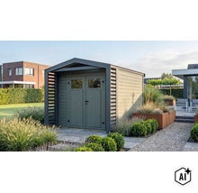Abri de jardin moderne avec double porte et toit latéral intégré dans un jardin soigné (Image AI modified or generated)