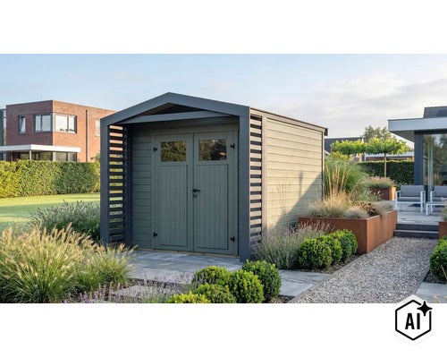 Abri de jardin moderne avec double porte et toit latéral intégré dans un jardin soigné (Image AI modified or generated)