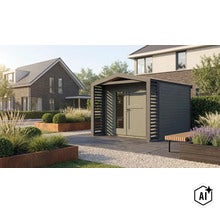 Abri de jardin moderne en bois avec double porte et lattes latérales, situé dans un jardin entretenu avec des jardinières en acier corten. (Image AI modified or generated)