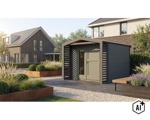 Abri de jardin moderne en bois avec double porte et lattes latérales, situé dans un jardin entretenu avec des jardinières en acier corten. (Image AI modified or generated)