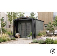Abri de jardin moderne avec double porte et auvent latéral dans un jardin soigné avec terrasse et plantes. (Image AI modified or generated)