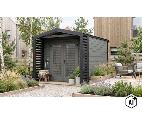 Abri de jardin moderne avec double porte et auvent latéral dans un jardin soigné avec terrasse et plantes. (Image AI modified or generated)